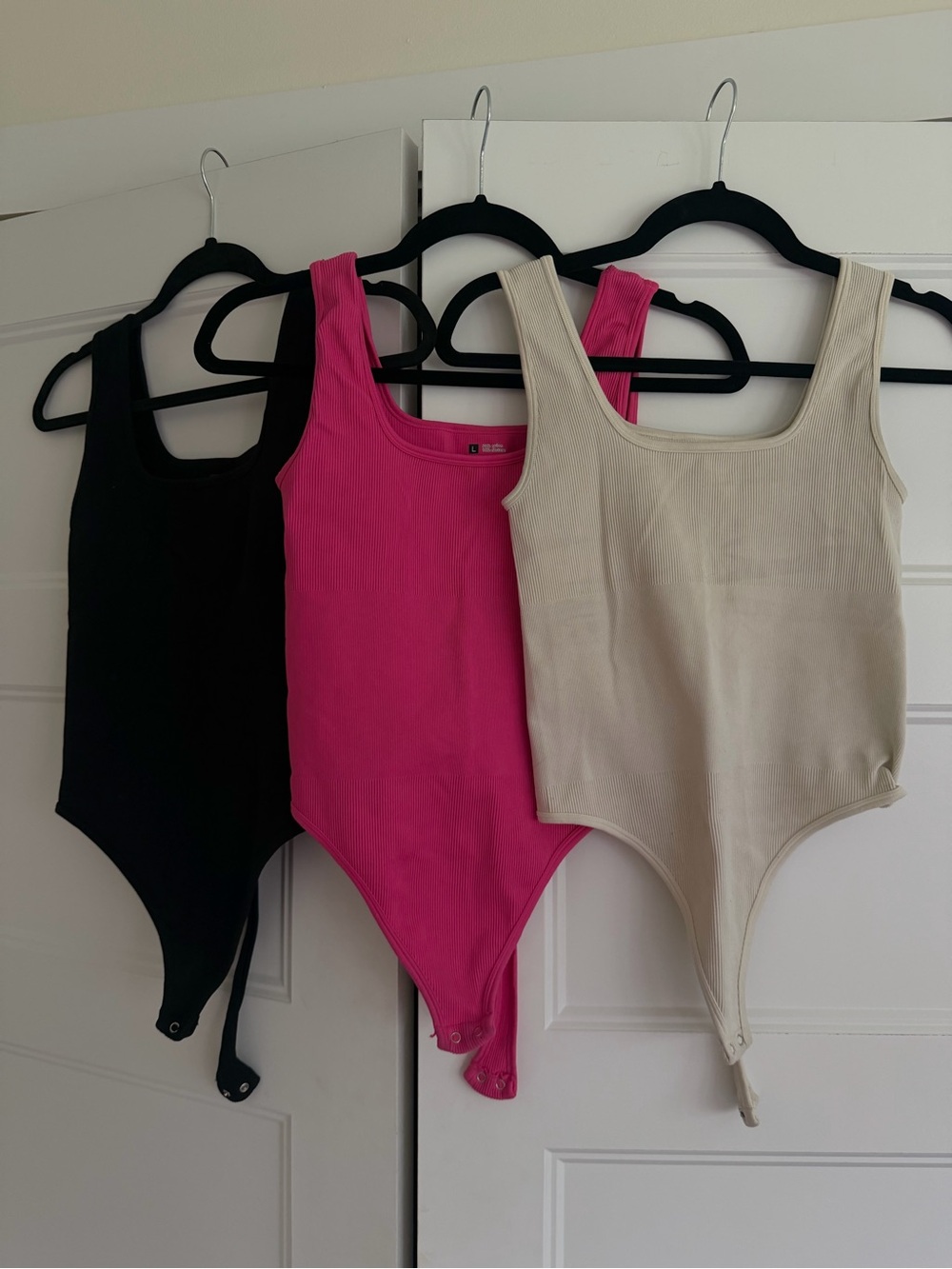Ribbed Scoop Neck Bodysuit - Hot Pink, Black, Cream